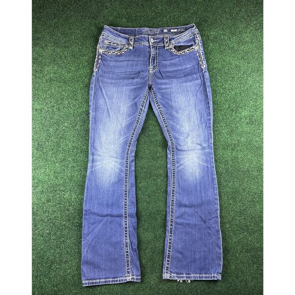 Miss Me Jeans Womens Heavy Stitched Denim Boot Button Flap Studded Sz 31 X 32.5 - Picture 3 of 7